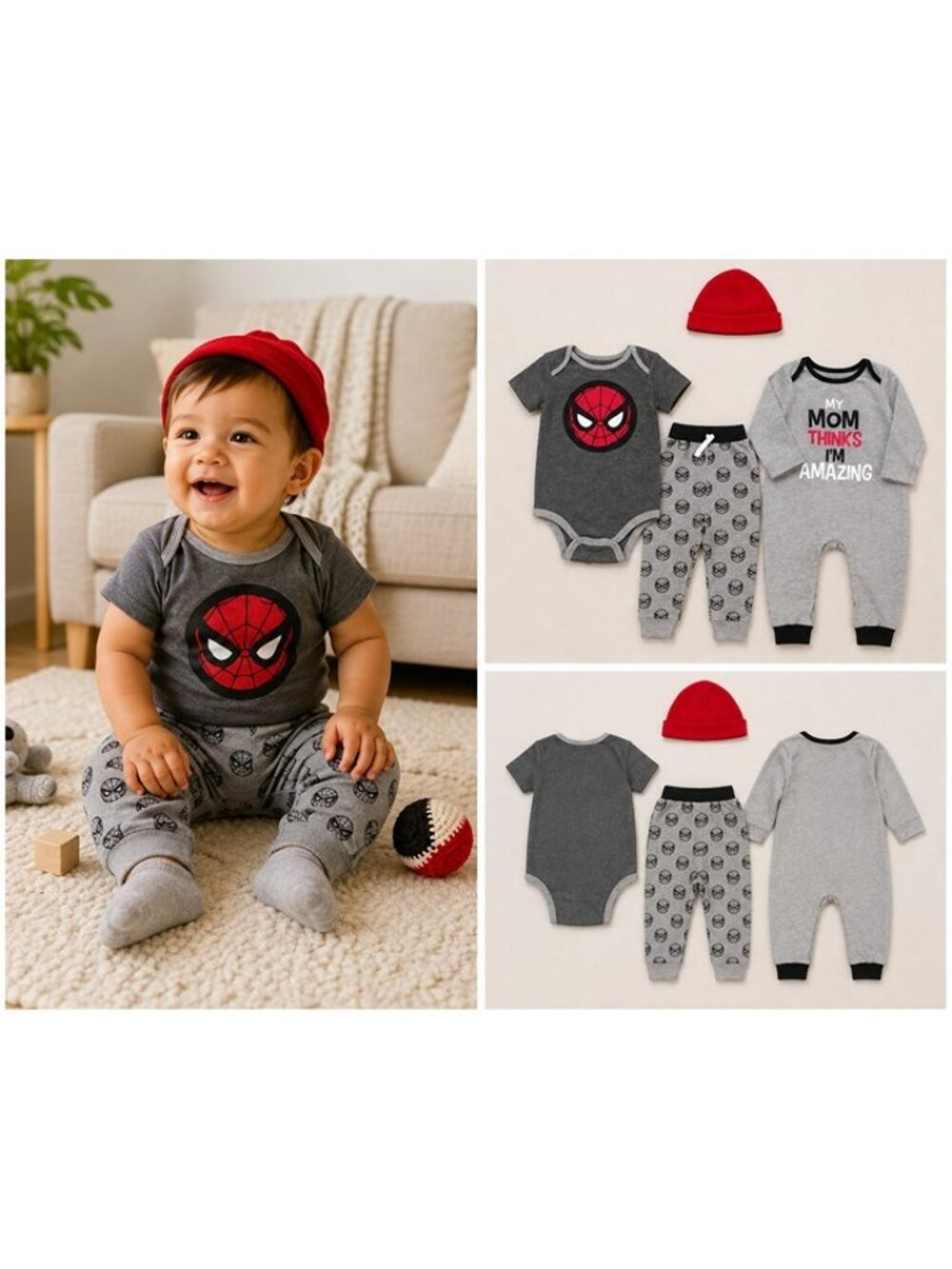 Marvel Spider-Man Baby Boy 4-Piece Outfit Set Bodysuit Pants Romper Beanie 12M